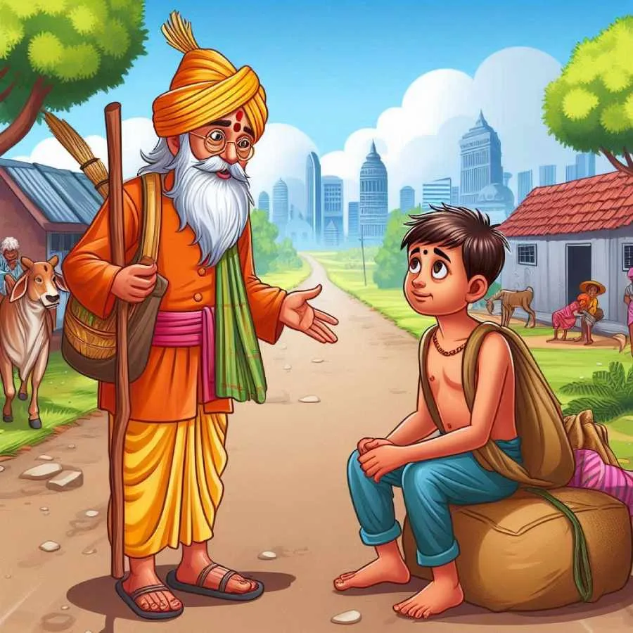 एक-महात्मा-बच्चे-को-कुछ-समझाते-हुए
