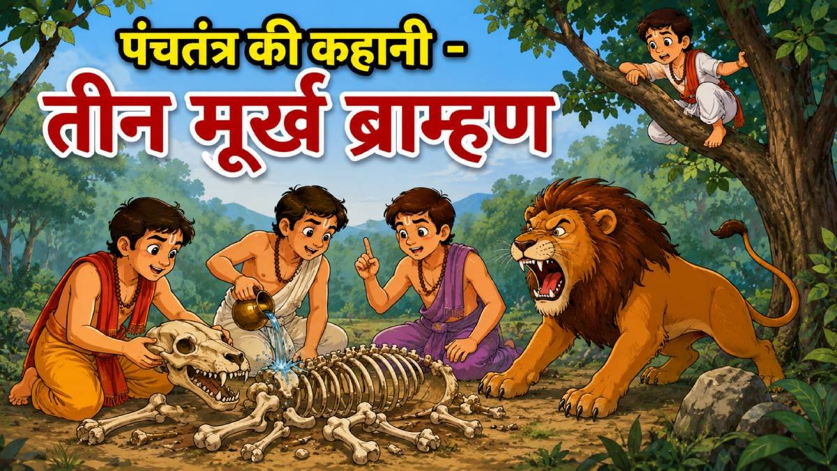You are currently viewing बच्चों की लोकप्रिय पंचतंत्र की कहानी – तीन मूर्ख ब्राम्हण और शेर